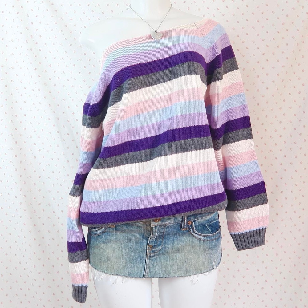 Y2K Striped Knit Sweater Pink Purple Blue Rainbow Sweater